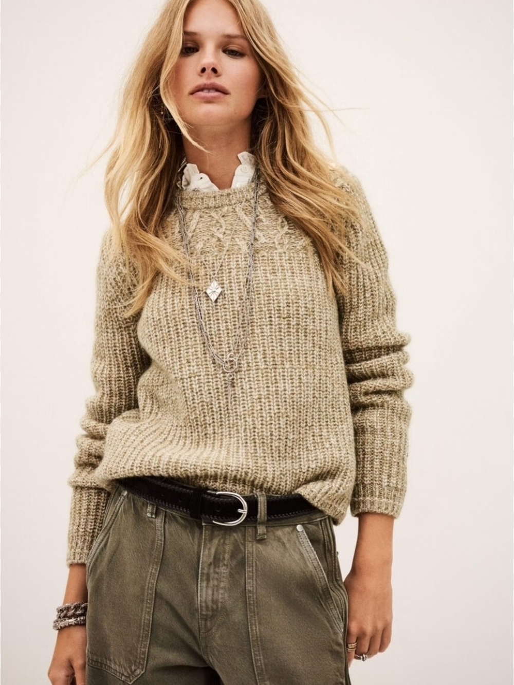 ba&sh Beige Cable-Knit Sweater with Decorative Shoulder Buttons